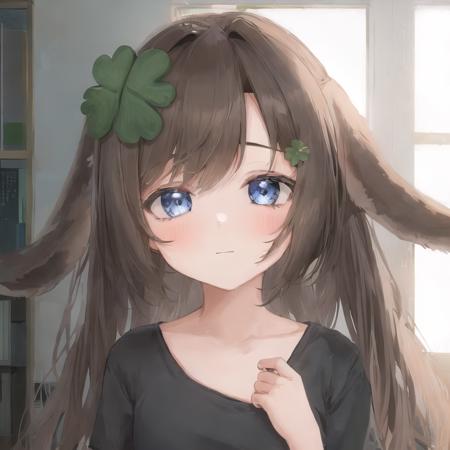 32454-2046133033-1girl, four-leaf clover hairclip, Kiki, brown hair, ears, black shirt, looking at viewer,.png